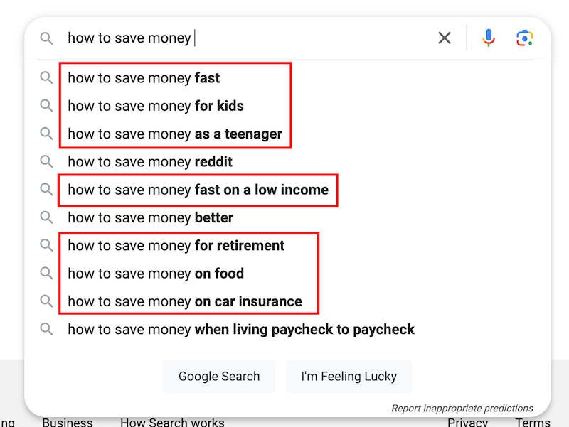 A Google search bar displays "how to save money" with various autocomplete suggestions. Suggestions include saving for kids, teenagers, on low income, and for retirement, among others. Some suggestions are highlighted with red boxes.