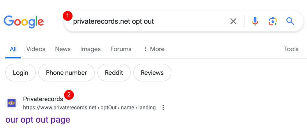 A screenshot of a Google search for "privaterecords.net opt out." At the top, Google's search bar displays the query. Below, the first search result is from Privaterecords.net with the link to "our opt out page." Tabs for All, Videos, Images, and other categories are visible.