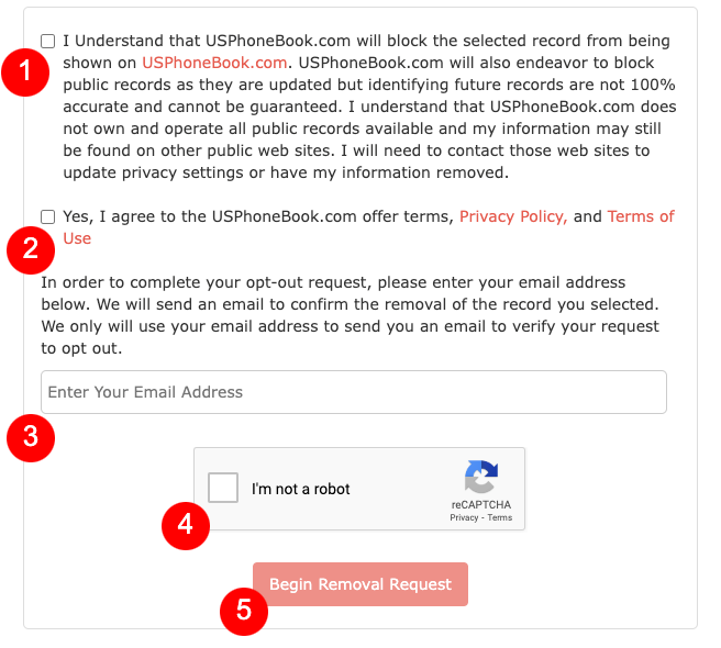 An online form for the USPhoneBook Opt Out process. Steps include checking a box to agree to terms (1), providing an email address (2), checking a reCAPTCHA box (3), and clicking the "Begin Removal Request" button (4). Buttons and labels are clearly marked for easy navigation.