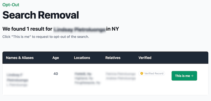 Screenshot of an opt-out search removal result page. The header reads "Search Removal". It shows one result for "Lindsay Pembrookey" in NY, listing age as 40, relatives, and a verified status. An interactive button labeled "This is me" is on the right side.
