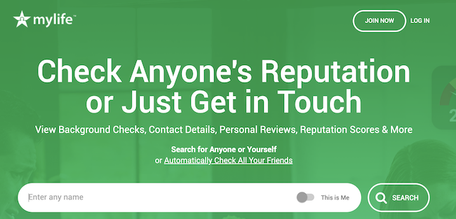 A website homepage with a green background. The text reads: "Check Anyone's Reputation or Just Get in Touch." Options include viewing background checks, contact details, and personal reviews. Buttons for "JOIN NOW" and "SEARCH" are also visible.