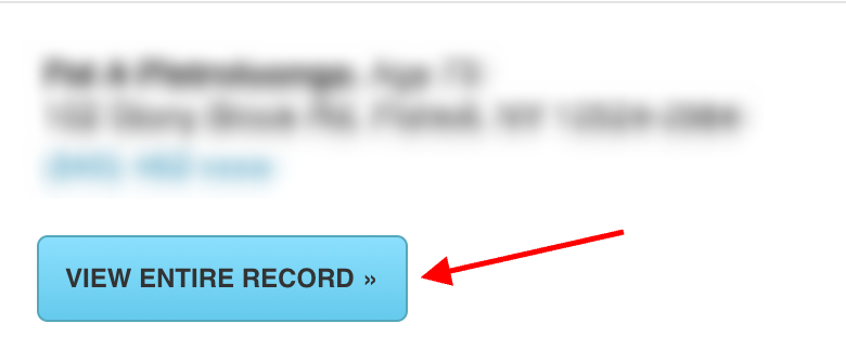 A blurred image showing text with a highlighted name, current age (73), and address. A red arrow points to a blue button labeled "VIEW ENTIRE RECORD" on the bottom left of the image.