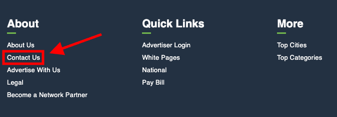 A blue webpage footer section containing three columns titled "About," "Quick Links," and "More." A red arrow points to and highlights the "Contact Us" link under the "About" column. Other links include About Us, Advertiser Login, White Pages, Top Cities, and more.