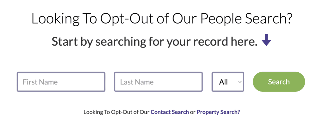 A website page with a title "Looking To Opt-Out of Our People Search?" followed by instructions to "Start by searching for your record here." There are fields to enter "First Name" and "Last Name," a dropdown labeled "All," and a green "Search" button. There are also links for opting out of contact or property search.