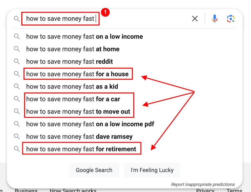 A Google search bar showing suggestions for "how to save money fast," including for a house, car, move out, low income, Dave Ramsey, and retirement, along with related searches.