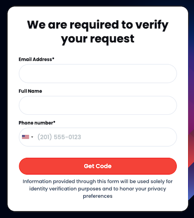 A verification form requesting user information with fields for email address, full name, and phone number, an option to select the country code, and a red button labeled "Get Code." A notice below the button mentions the purpose is for identity verification and privacy protection.