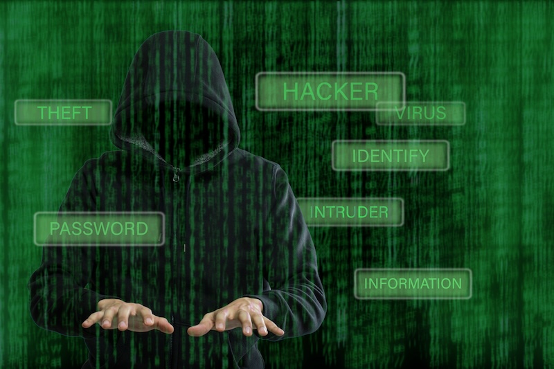 A hooded figure wearing a dark hoodie types on an invisible keyboard in front of a digital green code background. Various cybersecurity-related terms like "Hacker," "Password," "Theft," and "Virus" float around them, while words like "USPhoneBook Opt Out" hint at their next target, emphasizing the hacking theme.