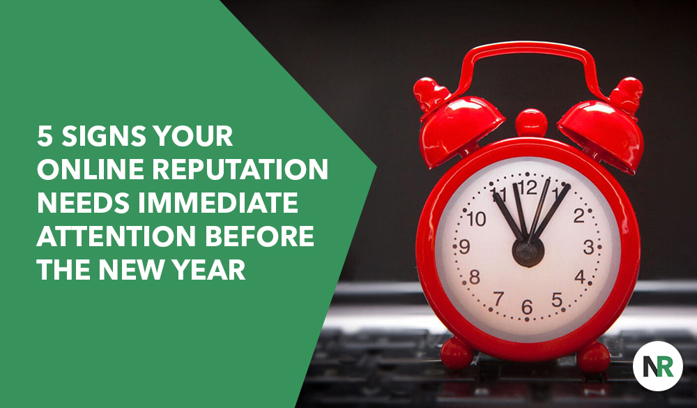 A red alarm clock sits on a keyboard. To the left, white text on a green background reads: "5 Signs Your Online Reputation Needs Immediate Attention Before the New Year." It's time to ensure your digital image shines bright as you step into the future.