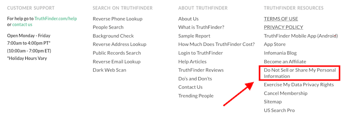 A website footer showing various support links, search options, and information about TruthFinder. An arrow points to and highlights the "Do Not Sell or Share My Personal Information" link.