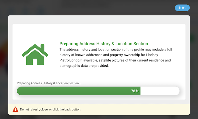 A screen displaying a preparation status for "Preparing Address History & Location Section," with a progress bar at 76%. There is an icon of a house and a note about not refreshing or closing the page.