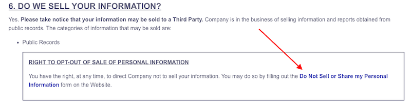 Section 6 titled "Do We Sell Your Information?" indicates that the company may sell personal information from public records to third parties. A box highlights the right to opt-out with a link labeled "Do Not Sell or Share my Personal Information." An arrow points to the link.