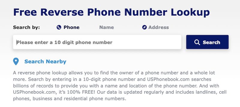 Screenshot of a website offering free reverse phone number lookup services by USPhoneBook. There are options to search by phone, name, or address. A search bar prompts users to enter a 10-digit phone number, and a blue "Search" button is available. Information about the service and Opt Out options is displayed below.