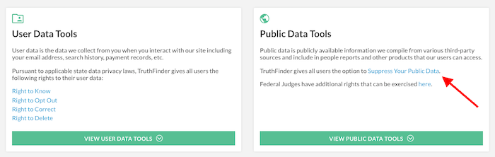 Screenshot of a webpage with two sections. The left section, titled "User Data Tools," outlines various user rights with a green button labeled "VIEW USER DATA TOOLS." The right section, titled "Public Data Tools," includes a hyperlink underlined with "Suppress Your Public Data" and a green button labeled "VIEW PUBLIC DATA TOOLS.