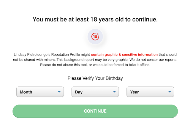 Verification page requiring users to be at least 18 years old. Warning about graphic and sensitive information. Fields for entering birth month, day, and year, with a green "Continue" button below.