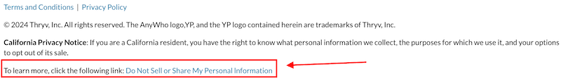 A section of a webpage shows the copyright notice: © 2024 Thryv, Inc. A red arrow points to a hyperlink reading "Do Not Sell or Share My Personal Information." The page also includes a privacy policy link and a California privacy notice for residents.