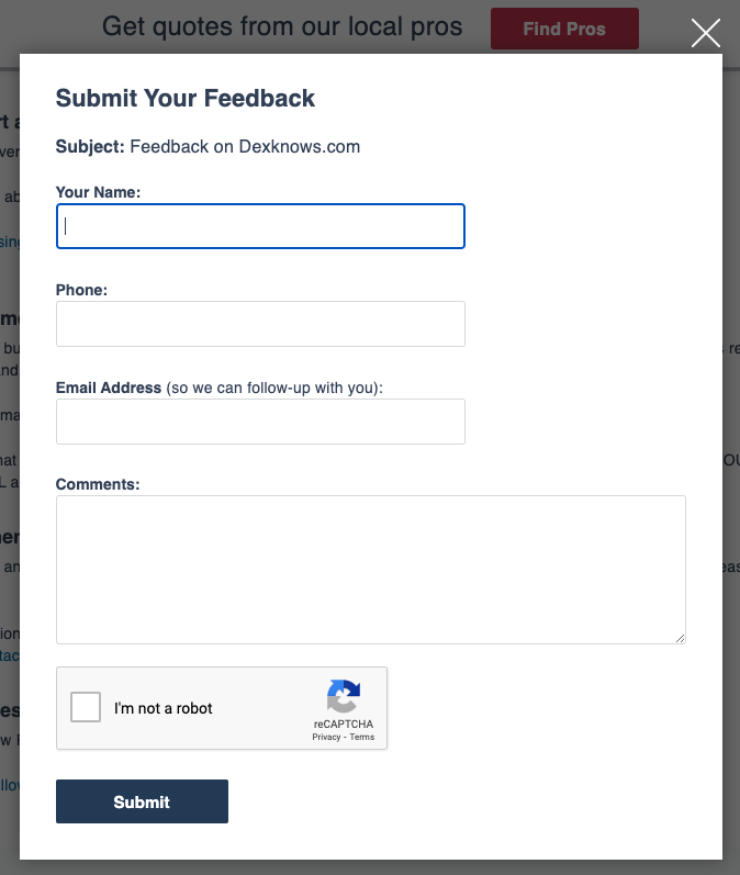 A feedback form titled "Submit Your Feedback" with fields for "Your Name," "Email Address," and "Comments." Below the fields, there's a reCAPTCHA checkbox labeled "I'm not a robot" and a "Submit" button.