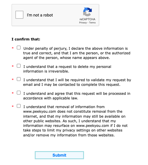 Screenshot of an online form with a reCAPTCHA box titled "I'm not a robot," checkboxes for user consent and privacy agreement statements, and a submit button below.