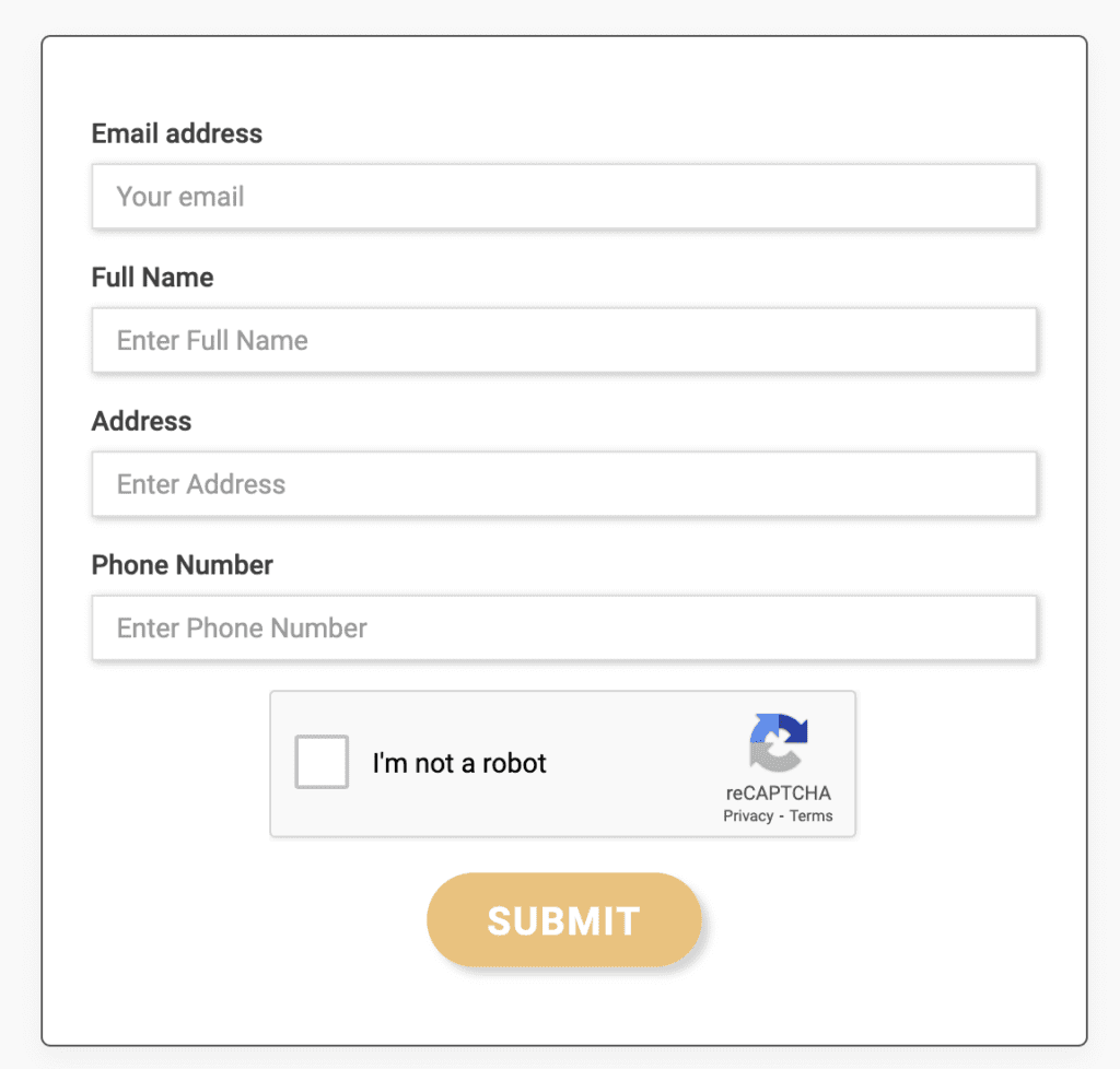A form with fields for email address, full name, address, and phone number. Below the fields is a reCAPTCHA checkbox labeled "I'm not a robot," and a large yellow "Submit" button at the bottom.