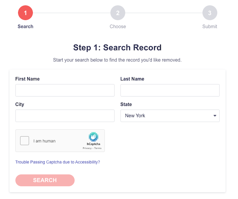 A form titled "Step 1: Search Record" with fields for first name, last name, city, and state (defaulted to New York). There's a CAPTCHA checkbox labeled "I am human" and a “SEARCH” button at the bottom.