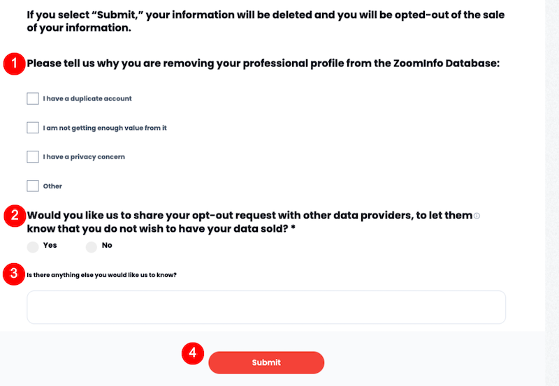 Image showing a ZoomInfo Database opt-out form. The form includes sections to specify the reason for profile removal, an option to share the opt-out request with other data providers, a text box for additional information, and a red "submit" button at the bottom.