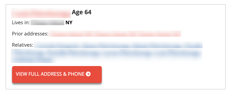 A partially redacted information sheet shows a person's age (64), current location in NY, prior addresses, and relatives, but most details are blurred. A red button below reads "VIEW FULL ADDRESS & PHONE." To protect your privacy, consider using the USPhoneBook Opt Out feature.