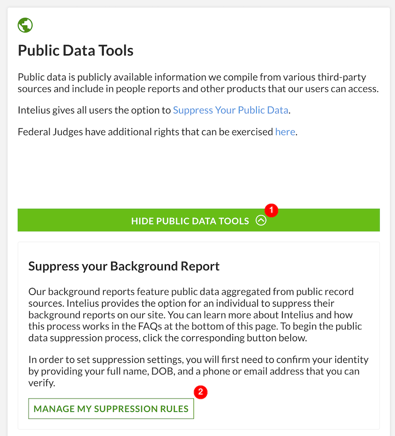 Screenshot of a webpage titled "Public Data Tools" with options to suppress public data. It includes a brief description about data tools, a green button labeled "Hide Public Data Tools," and a section called "Suppress your Background Report" with a green button labeled "Manage My Suppression Rules.