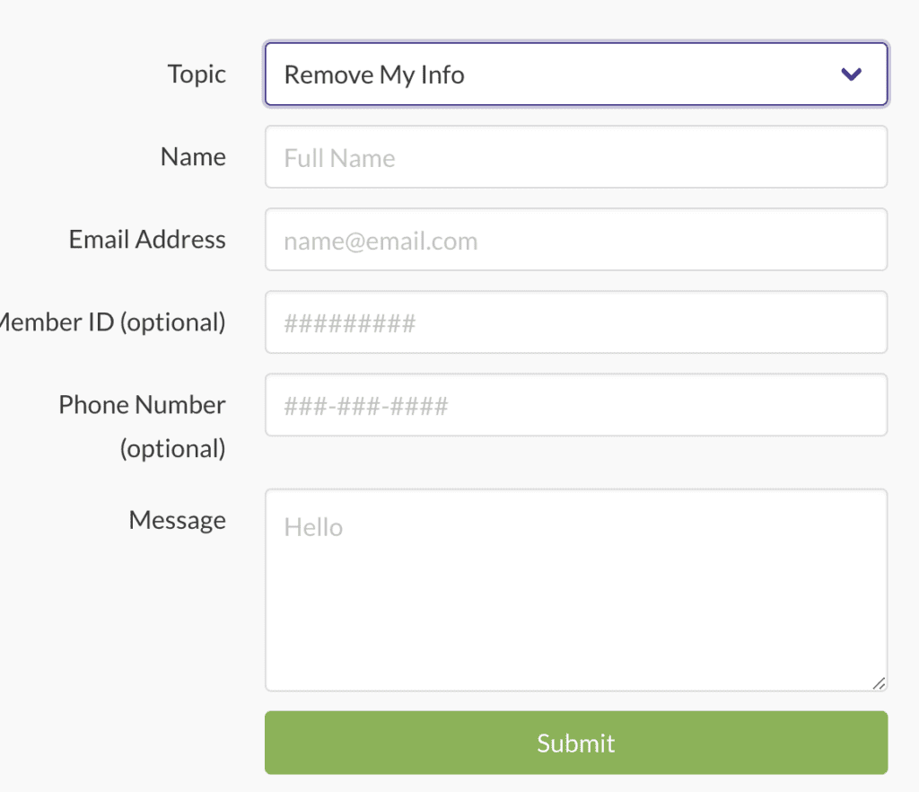 A webpage form with fields for Topic, Name, Email Address, Member ID (optional), Phone Number (optional), and Message. The Topic selected is "Remove My Info." The Submit button is below the form fields.