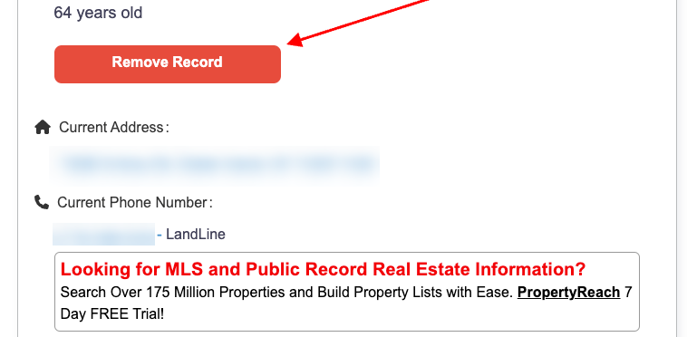 A webpage showing personal information includes a red "Remove Record" button. It displays the name "Lindsay Pietroluongo," age 64, an address, and a blurred phone number for privacy. An advertisement for PropertyReach real estate services is also visible at the bottom. Use USPhoneBook Opt Out to maintain your privacy.