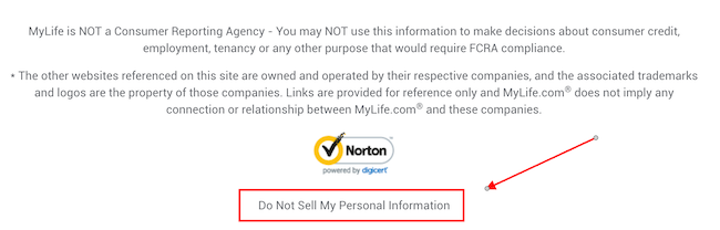 Screenshot showing text about MyLife not being a consumer reporting agency. At the bottom, there is a Norton security logo and a link highlighted with a red arrow saying "Do Not Sell My Personal Information.