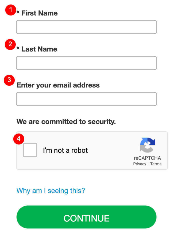 A form with fields for First Name, Last Name, and Email Address. A reCAPTCHA checkbox labeled "I'm not a robot" is included. A green "Continue" button is at the bottom.