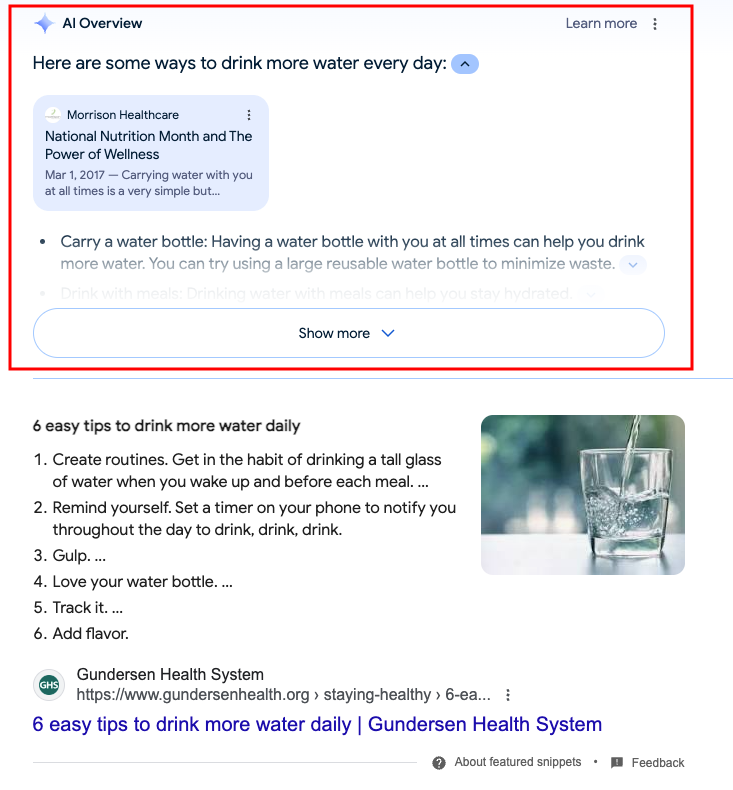 Screenshot of a Google search result for ways to drink more water daily. Top section shows a highlighted tip to carry a water bottle. Below are tips from Gundersen Health System. Image of a glass of water on a table appears on the right.