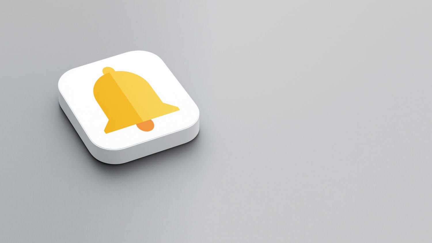 A white square tile with rounded edges features a yellow bell icon, reminiscent of Google Alerts for companies, set against a light gray background.