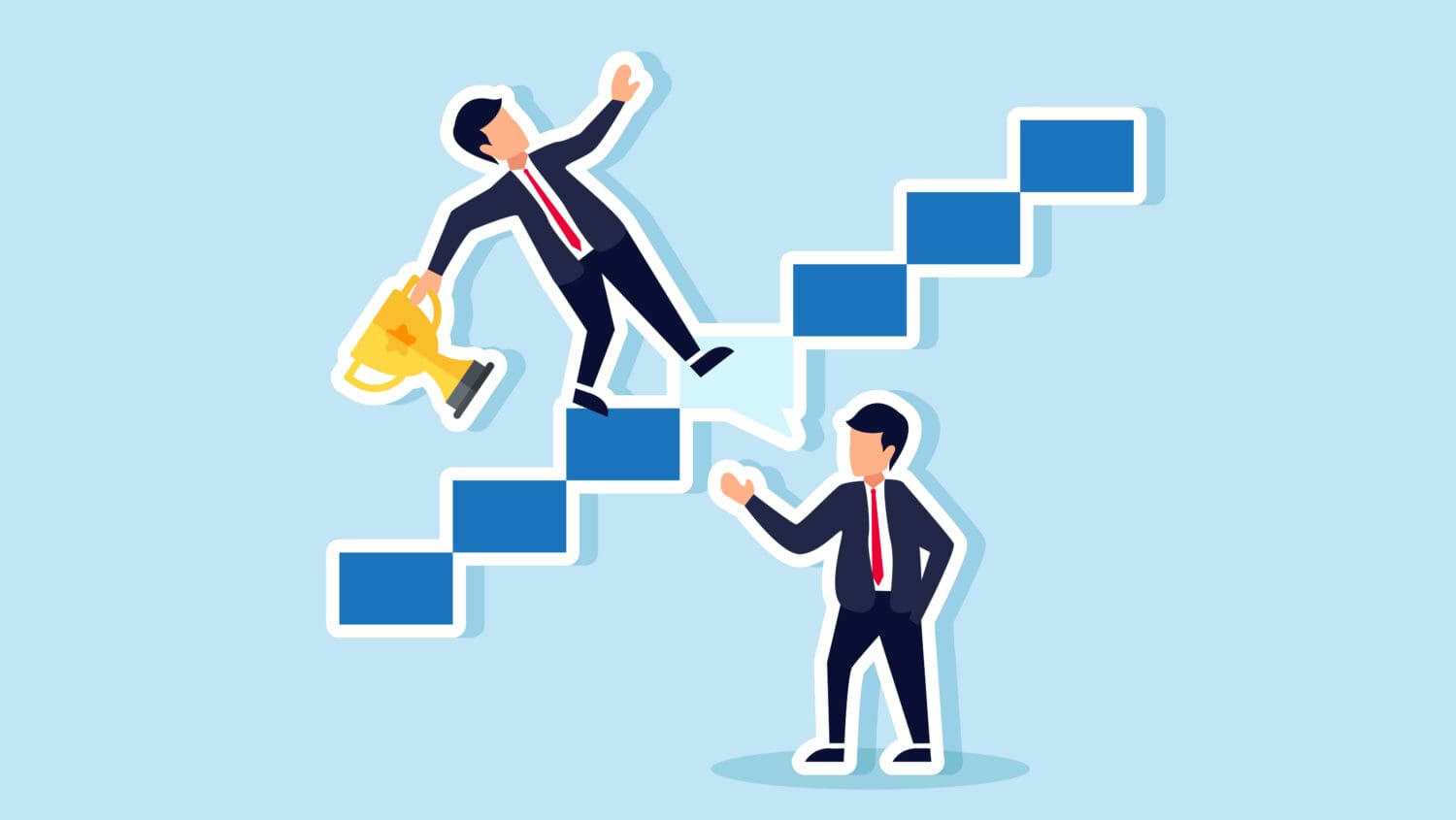 Illustration of two businesspeople on blue stair blocks against a light blue background. One holds a trophy, reaching down to help the other climb up. Both wear suits and red ties, symbolizing teamwork and success.