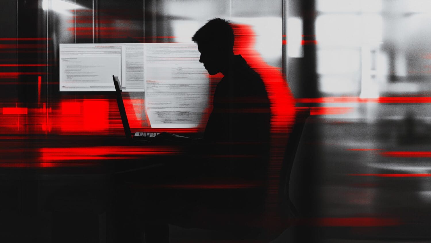 Silhouette of a person sitting at a desk with a laptop. The background is filled with blurred red and black lines, conveying a sense of speed or urgency. Two screens behind display blurred content, creating a moody, tech-focused atmosphere.