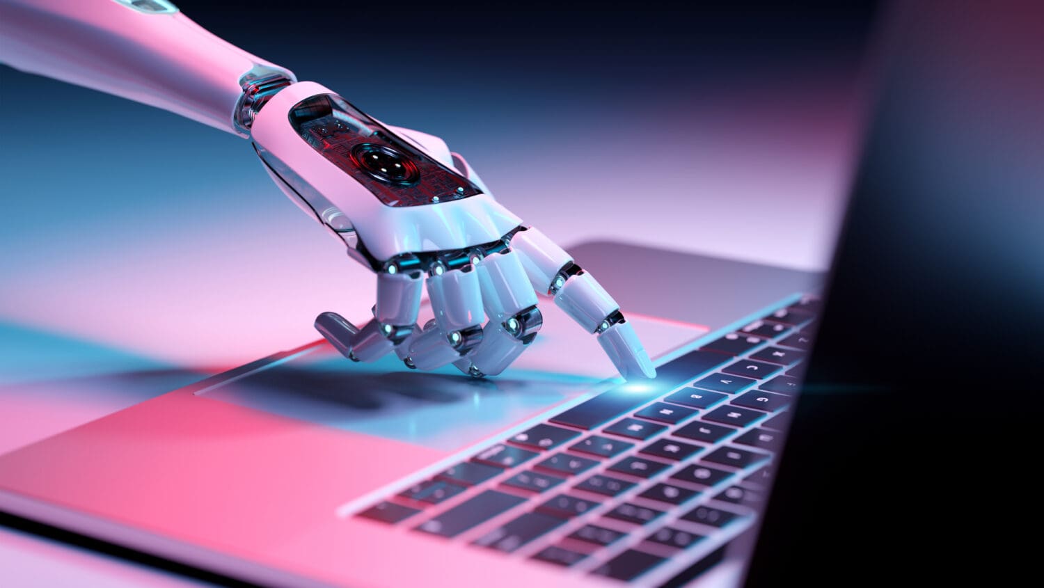 A robotic hand with metallic fingers types on a laptop keyboard, illuminated by a pink and blue light. The scene conveys a futuristic and technological atmosphere.