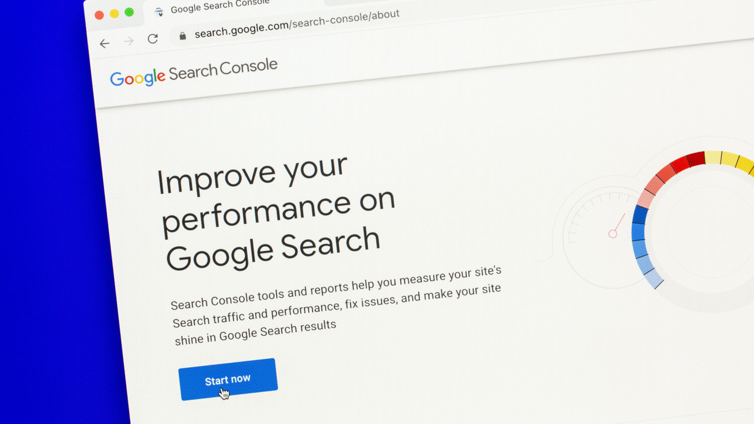 A webpage displaying Google's Search Console. The text reads, "Improve your performance on Google Search," with a "Start now" button below. A graphic on the right shows a speedometer-style gauge. The background is plain and minimalistic.