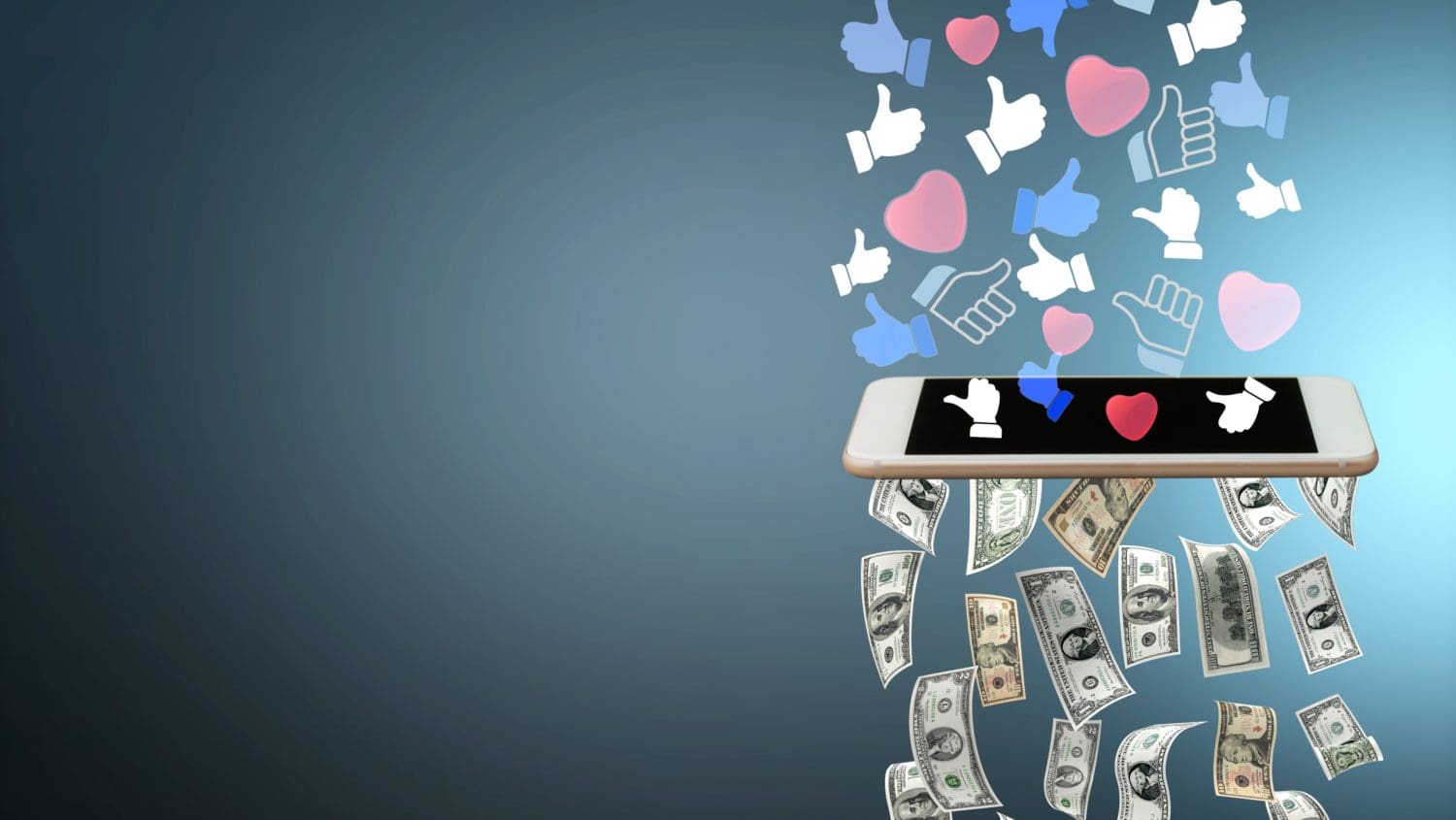 A smartphone screen displays floating icons of thumbs-up and hearts, symbolizing likes on social media. Below the phone, U.S. dollar bills cascade down, highlighting the vital role of social media in business and its connection to financial success. The background is a gradient blue.