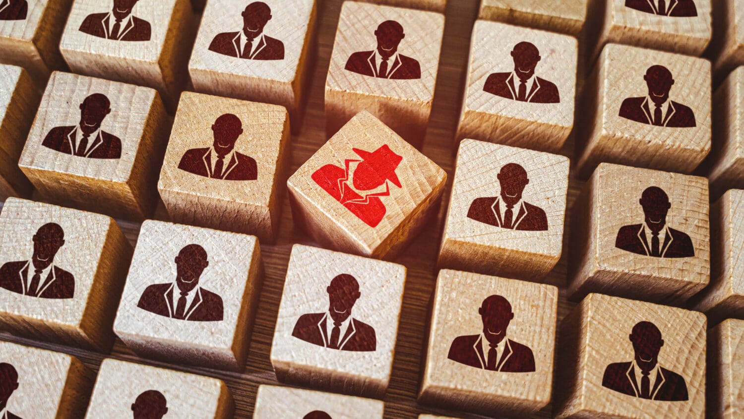 A group of wooden blocks, each with an icon of a person in a suit. One block stands out with a red icon of a spy or detective in a hat, symbolizing the concept of a hidden threat or unique element among uniform individuals.