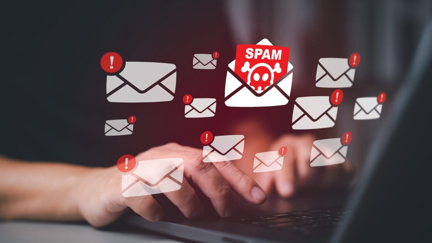 A person types on a laptop with floating icons of envelopes and exclamation marks, one marked "SPAM" featuring a skull and crossbones, symbolizing spam emails. The background is dark and blurred, focusing attention on the icons and the person's hands on the keyboard, illustrating how to stop junk mail.