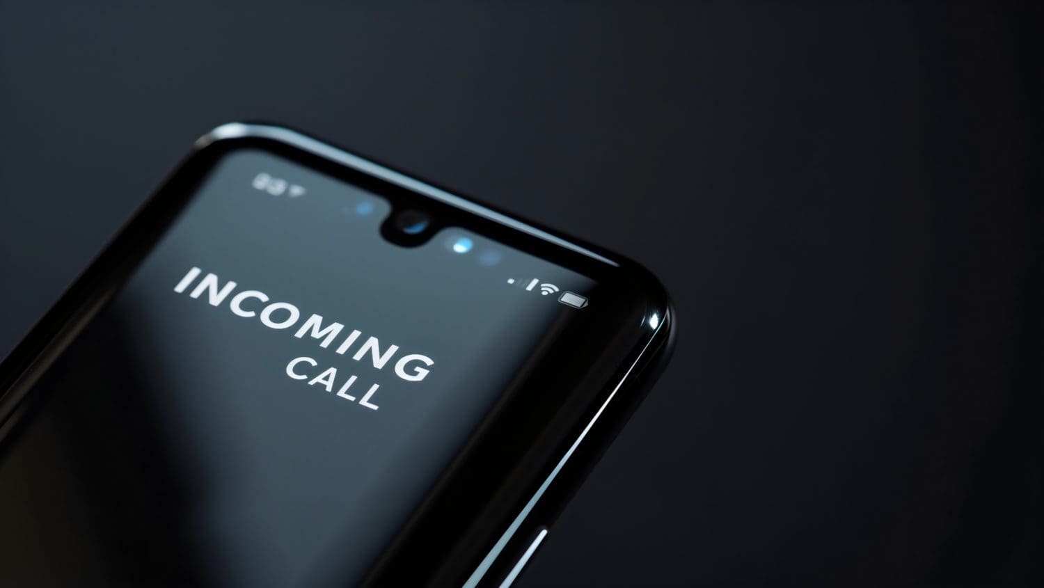 Close-up of a smartphone screen displaying an "Incoming Call" notification. The screen is dark with white text, and the phone is angled slightly to the right against a dark background. The top of the phone shows status icons, including signal strength and battery.