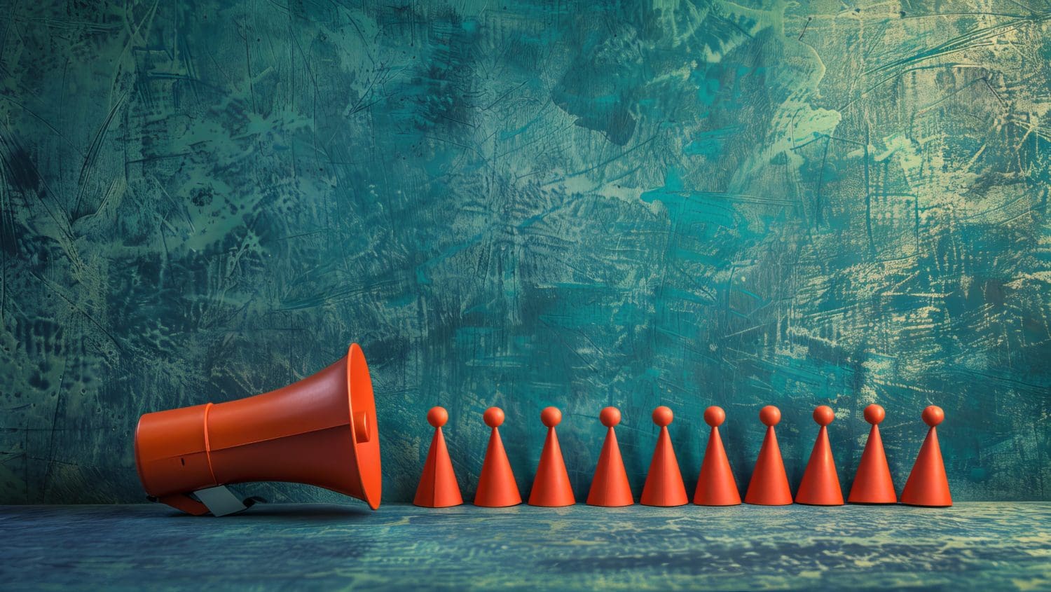 An orange megaphone on a textured green and blue background points towards a row of eight small orange cones arranged in a straight line, resembling a leader addressing followers.