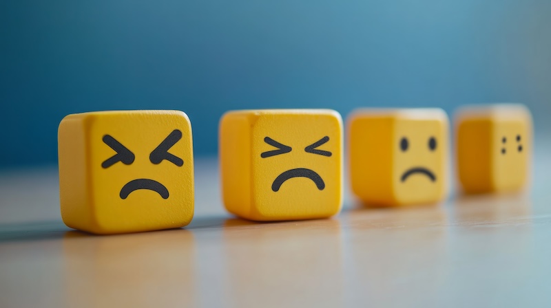 Four yellow blocks with various facial expressions are lined up on a surface. The faces display frustration, wincing, unhappiness, and minimal emotion. The background is a soft blue gradient.