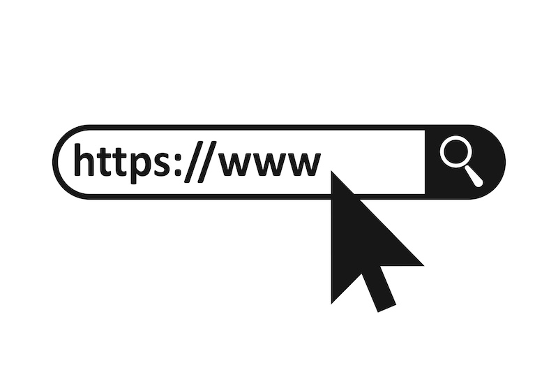 A web address bar displaying "https://www" with a large arrow cursor pointing at it. On the right side of the address bar, a magnifying glass icon indicates it as a search field. The monochrome image subtly hints at 411.com opt out options in an understated manner.