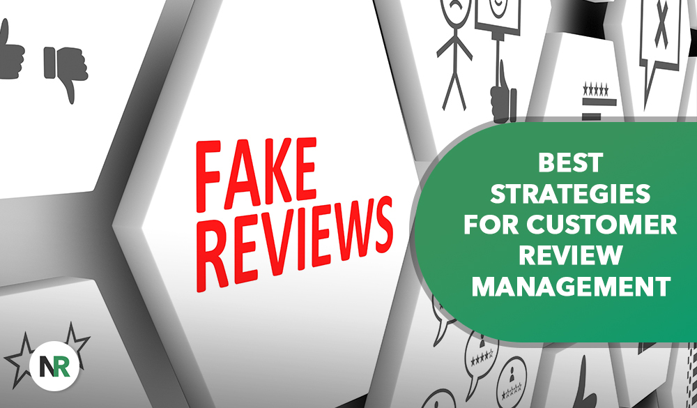 A hexagonal tile showcases "FAKE REVIEWS," with a green speech bubble declaring "BEST STRATEGIES FOR CUSTOMER REVIEW MANAGEMENT." It rests on a background filled with icons such as thumbs up, thumbs down, and stars, highlighting the importance of effective customer review management.