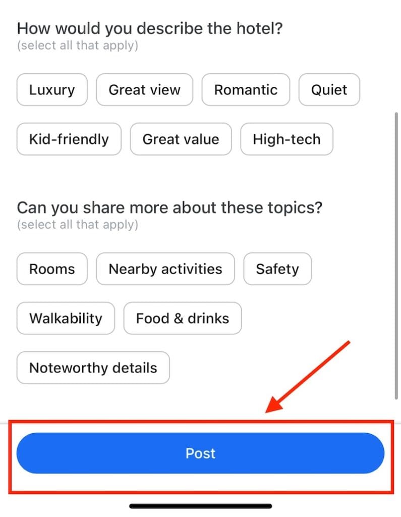 A phone screen shows an app interface with options to describe a hotel, including "Luxury," "Romantic," and "High-tech." Additional topics like "Rooms" and "Safety" are listed. A red arrow points to a blue "Post" button at the bottom.