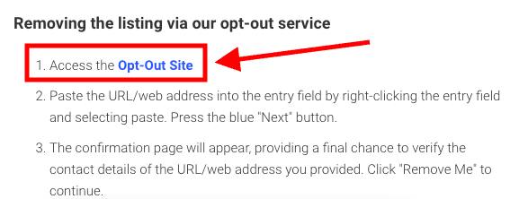 A screenshot showing instructions for the 411.com opt-out service. The first step is highlighted with a red box and arrow, directing attention to a hyperlink labeled "Opt-Out Site." Steps 2 and 3 involve pasting the URL into a field and confirming the removal.