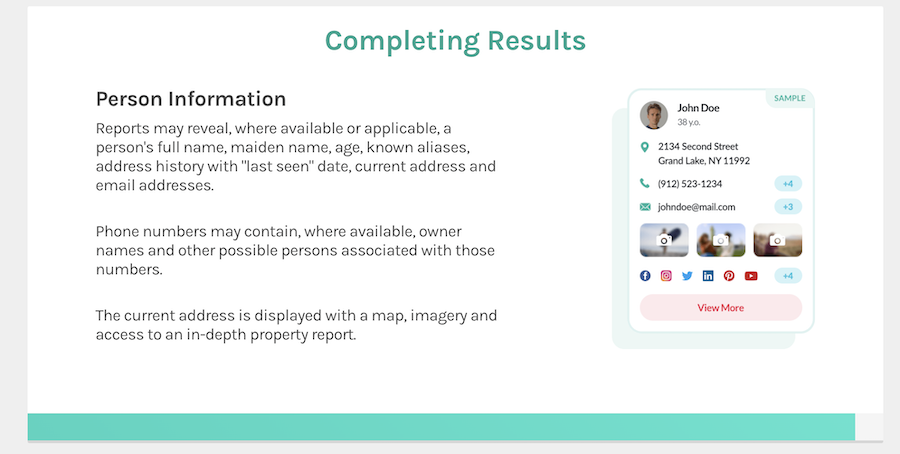 Image of a webpage titled "Completing Results." It displays a section called "Person Information" explaining what personal details might be revealed, such as name, age, and address. A sample profile card on the right shows a person’s contact information and social media icons.