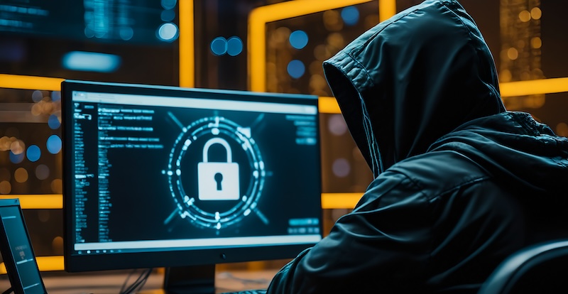 A hooded figure sits at a computer in a dark room. The monitor displays a large padlock icon surrounded by digital graphics, hinting at themes of cybersecurity and online extortion. Yellow light frames are visible in the background, casting an ominous glow.