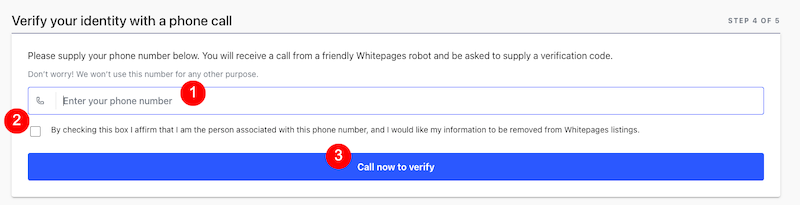 A webpage prompts the user to verify their identity with a phone call. There is a text box to enter a phone number (1), a checkbox to affirm consent (2), and a blue button labeled "Call now to verify" (3). It states the user will receive a code via phone call, similar to features seen on 411.com's opt-out process.