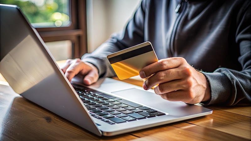 A person using a laptop holds a credit card, hinting at online shopping or payment. Despite the sunlight coming through a window and illuminating the wooden table, an air of caution lingers, as concerns about online extortion can overshadow this seemingly simple transaction.